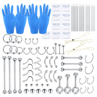 BLZ 90PCS Piercing Kit Ear Nose Belly Eyebrow Piercing Needles 20G 18G 16G 14G 12G Stainless Steel Piercing Kit Piercing Clamps Gloves Piercing Tools for New Piercing
