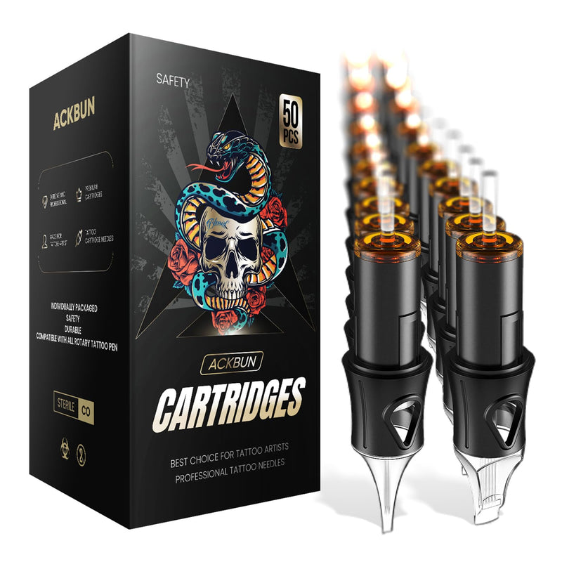 Ackbun 50 1211RL Tattoo Cartridge Needles - 50 Pack Sturdy and Durable Design High Ink Storage Sharp Tips Sterilized and Individually Packaged Universal Compatibility for Rotary Tattoo Pens